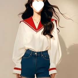 白色海军领长袖衬衫衬衣女2024新款轻奢感初秋氛围感穿搭上衣