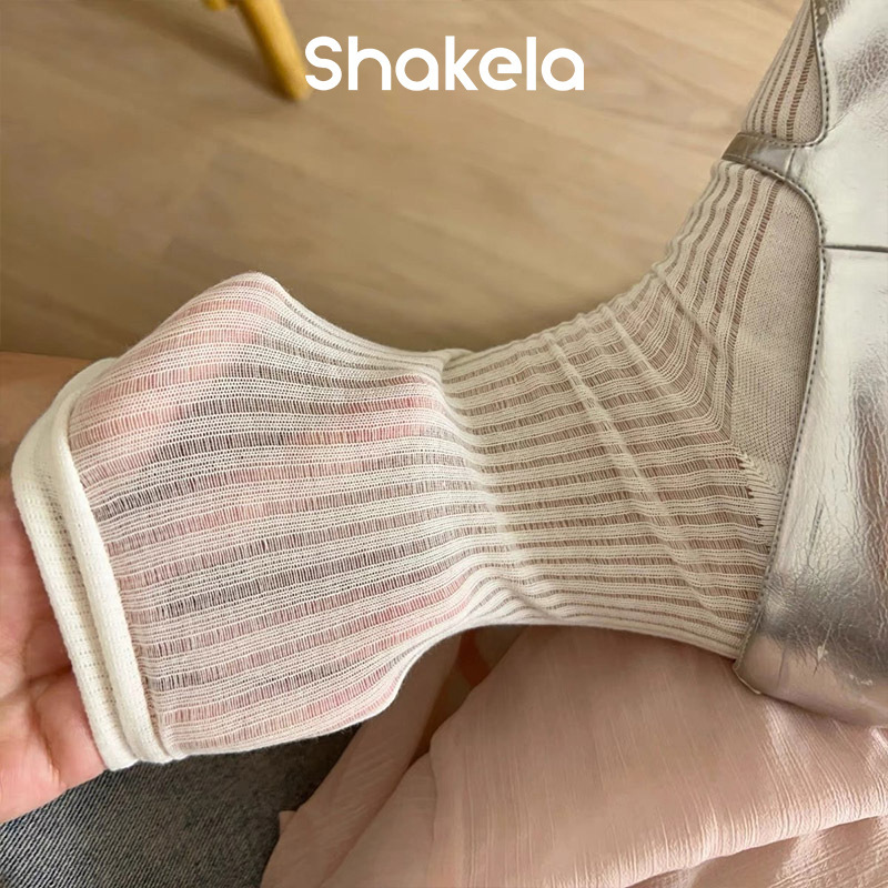 Thin Socks for Women, Mid-Calf, Spring and Summer, Student Girls' Socks, Versatile, Breathable, Vertical Stripes, Sweet Girl Summer Socks, Slouch Socks, Zhuji