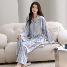春秋季100%纯棉长袖开衫睡衣女秋款家居服休闲高质感女士全棉套装