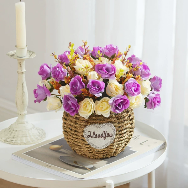 Champagne color autumn rose purple+straw basket