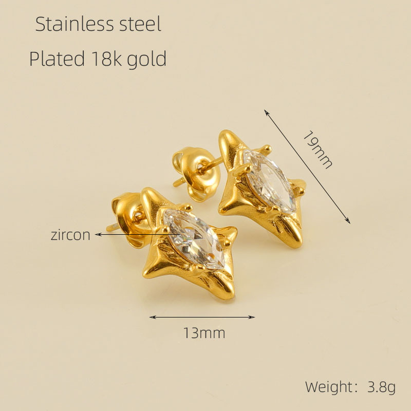 Nuevos pendientes de acero inoxidable europeos y americanos transfronterizos Pendientes de estrella de circonita con incrustaciones de oro de 18k