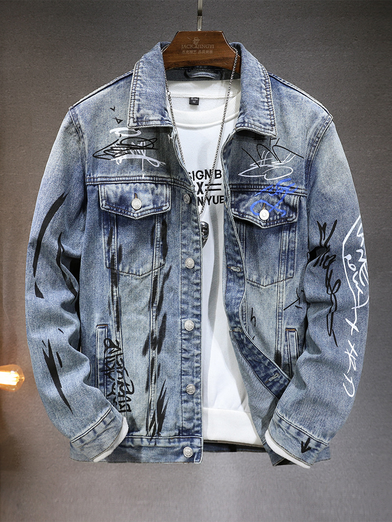 国境を越えた新型の男性ジャケット春秋高級欧米潮牌落書きプリント合体カウボーイコート男