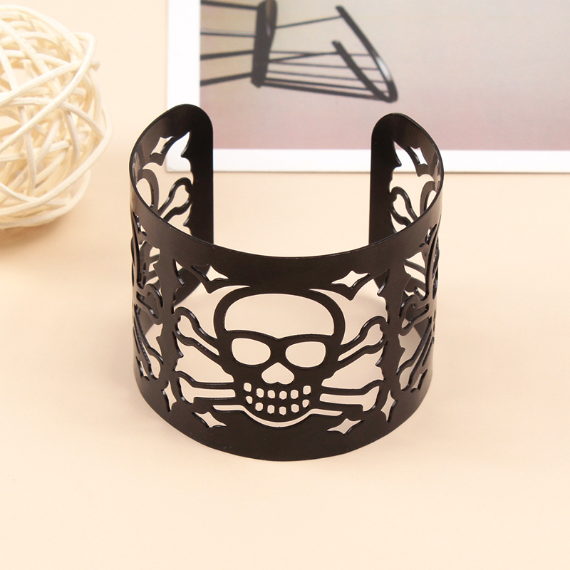 Bracelet en métal personnalisé avec tête de mort, bracelet large à manchette noire rétro punk pour Halloween_voghion.com