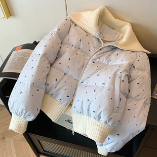Sweet Floral Lapel Cotton-padded Coat Women's Winter Blue Design Sense Niche Stitching Zipper Cotton-padded Coat Ins