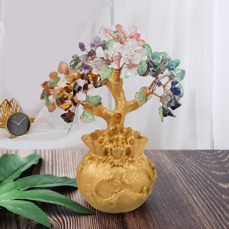 天然水晶碎石树 创意款钱袋底座摇钱树 桌面水晶 能量发生器 摆件 图 13