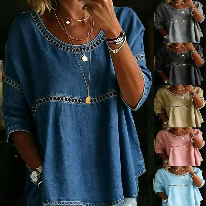 2026 Cross-Border Spring and Summer New Style Breathable Hollow-Out Denim Round-Neck Top for Women European and American Style Amazon Casual T-Shirt