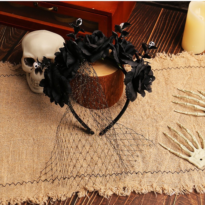 Halloween rosas mallas de hilo banda de cabello fiesta espectáculo de fantasmas botones de cabeza guirlandas oscuras banda de cabello adornamientos para el cabello al por mayor