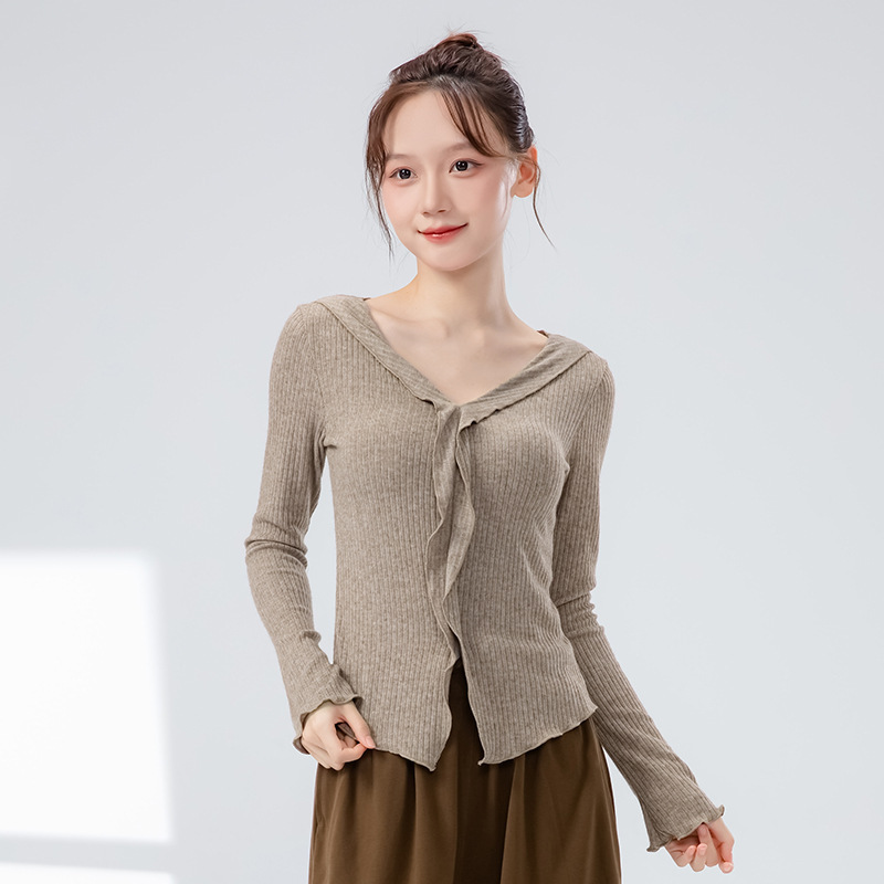 现代舞蹈服女新款修身长袖v领练功服波浪边演出上衣古典舞形体服|undefined