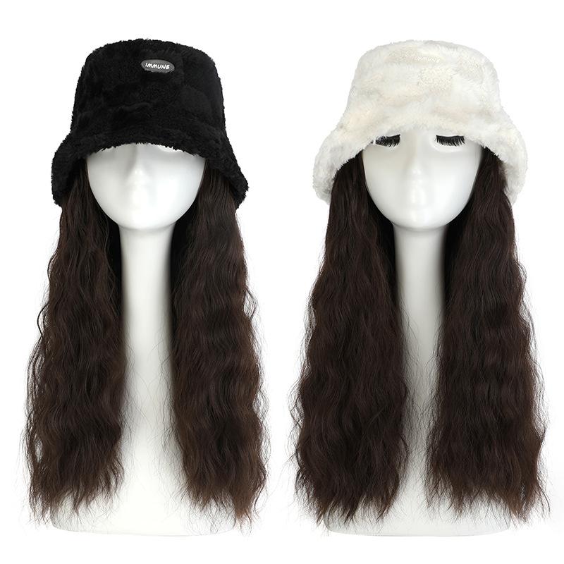 Hat, Wig, All-in-one Autumn and Winter New Plush Checkerboard Fisherman Hat, Corn Whisker Curly Hair, Women's Full Set Wig Hat_voghion.com
