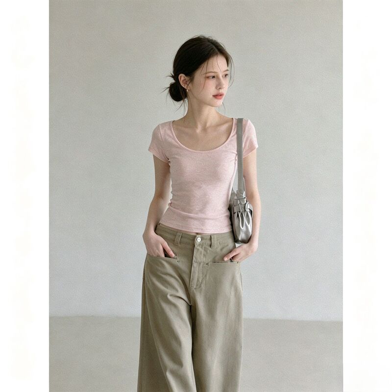 Jiyou Lyocell Pink T-Shirt with Large Collar and Exposed Collarbone, Straight Shoulder, Short Sleeve, Women's Summer Slim Fit Versatile Korean Style Top Jiyou Lyocell Pink T-Shirt with Large Collar and Exposed Collarbone, Straight Shoulder, Short Sleeve, Women's Summer Slim Fit Versatile Korean Style Top