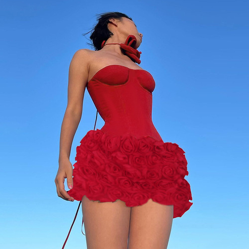 CF24432 Spring 2025 Short Skirt Noble Lady Style Elegant Sexy 3D Floral Texture Camisole Formal Dress