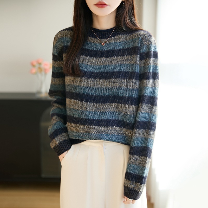 棉线花纱复古撞色条纹毛衣女秋冬季新款宽松显瘦针织衫打底衫上衣