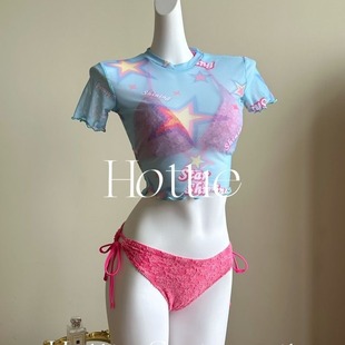 [American Sweetheart] Barbie Pink Bikini Three-Piece Set Sexy Hot Girl Beach Pool Vacation Swimsuit Small Breasts