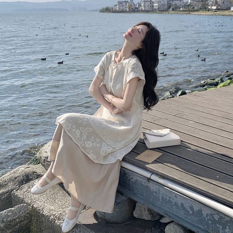 新中式国风禅意叠穿连衣裙套装女夏刺绣蕾丝罩衫半身裙两件套一件|undefined