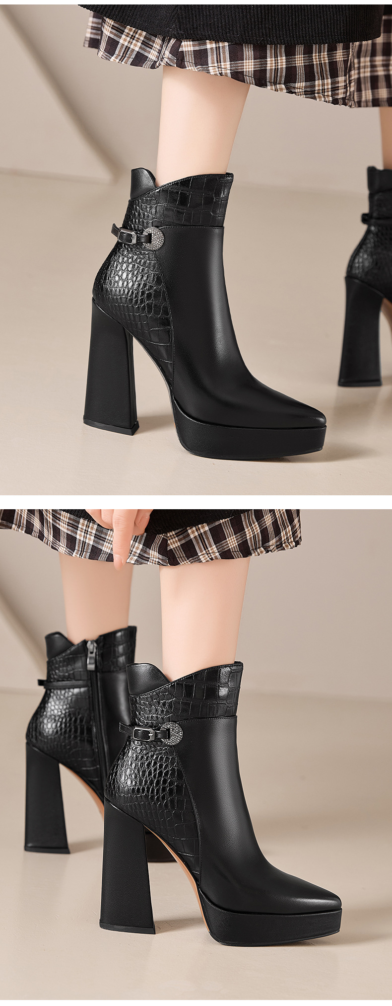 Boot nữ cổ thấp mũi nhọn da bò cao cấp gót siêu cao đế dày mùa thu đông — nâu, màu đen chi tiết 6