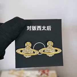 跨境潮流行设计感土星耳钉轻奢镶钻西太后耳饰冷淡风通勤百搭耳环