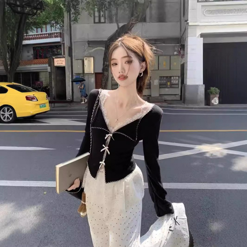 활 할로우 레이스 긴팔 니트웨어 여성용 봄 새로운 슬림 핏 슬리밍 짧은 순수한 욕망 스타일 외부 카디건