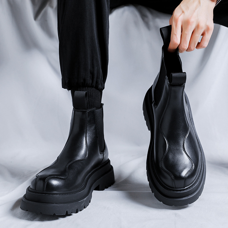 Black Leather Chukka Boots For Men, Trendy Raised Sole Footwear_voghion.com