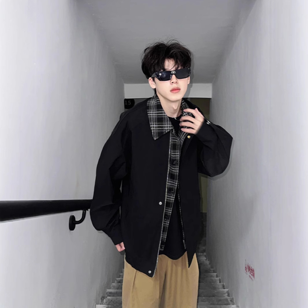 Casual And Cool Workwear Plaid Lapel Patchwork Jacket, Men's Trendy Loose Jacket_voghion.com