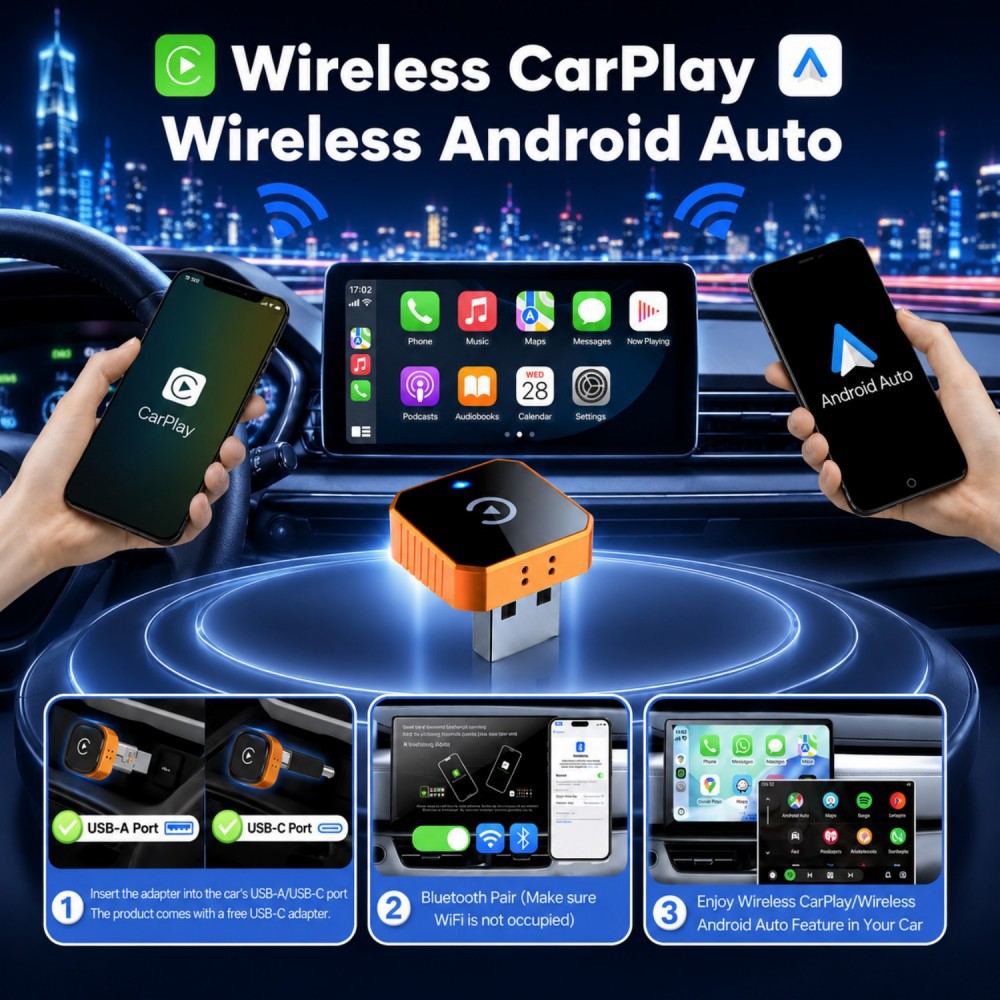 Cross-Border Hot-Selling Wired-To-Wireless Carplay Box Android Auto Two-In-One Car Connectivity Adapter