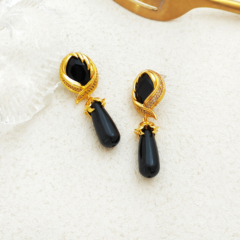 Retro Geometric Copper Inlay Resin Glass Zircon Drop Earrings 1 Pair