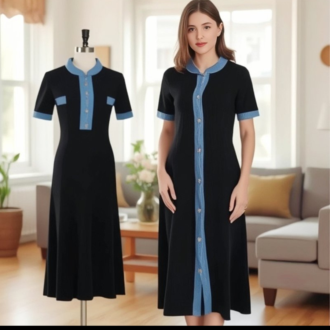 Elegancki damski sweter D, nowy letni, dżinsowy, patchworkowy, długi, z guzikami i okrągłym dekoltem, dzianinowy_voghion.com