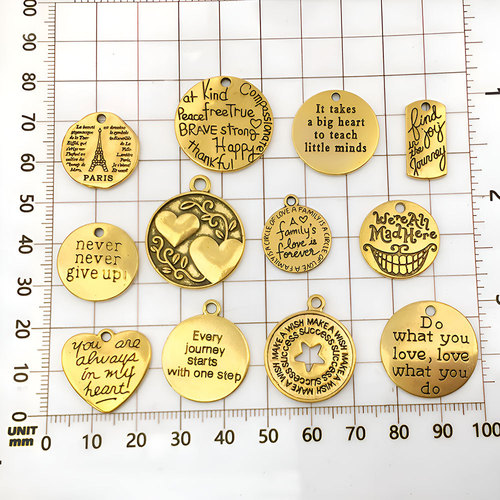 Ancient gold zinc alloy inspirational English letters round rectangle mixed key chain bracelet necklace tag accessories