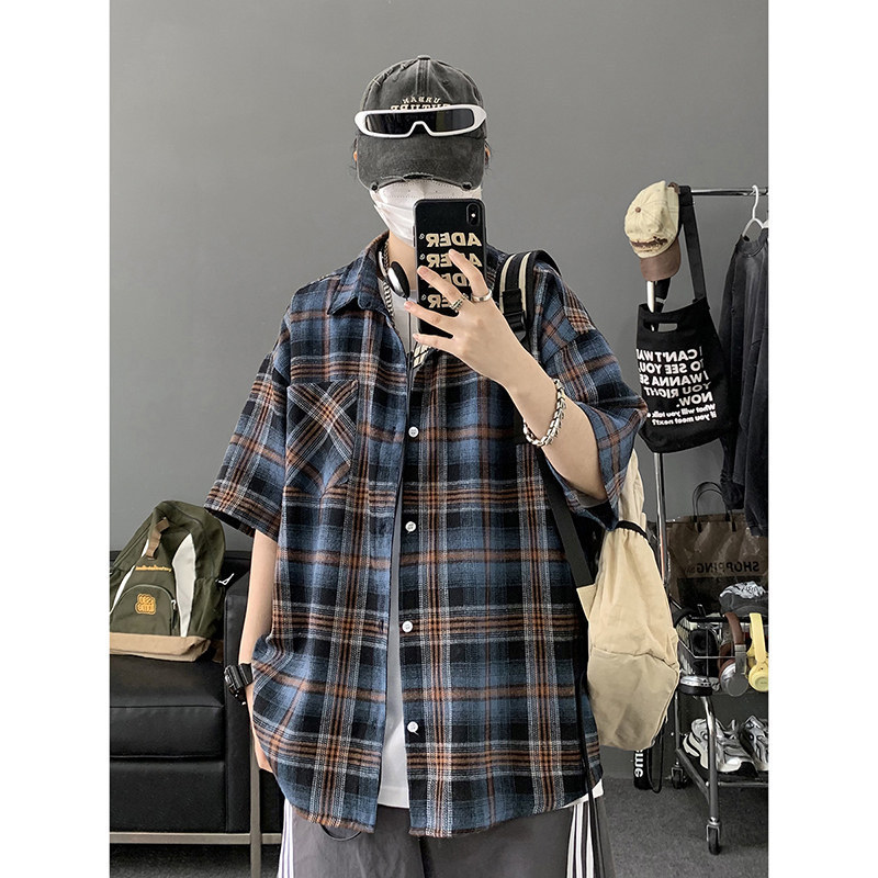 2025 New American Retro Plaid Short Sleeve Shirt Men's Summer Thin Lazy Style Loose Couple Shirt Jacket