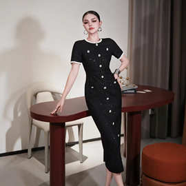 欧洲站2026年秋季新款高端名媛轻奢职业女装黑色显瘦小香风连衣裙