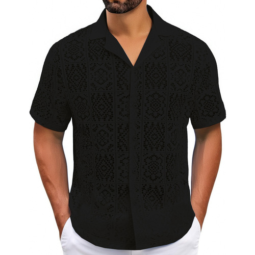 Export Cross-border Men's Clothing European and American Casual Lace Men's Shirt Summer New Short-sleeved Lace Shirt Men A0307 