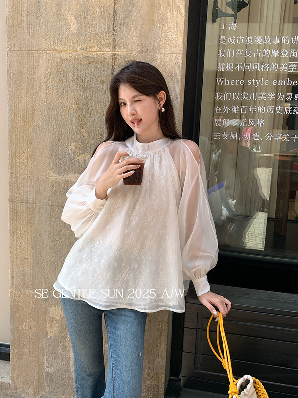 Xiuxixi 2025 秋白ラベル韓国版多用途レースレースシフォン長袖シャツ女性のトップ 89490|undefined