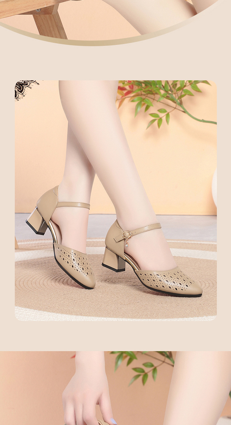Sandal cao gót nữ mũi hở da thật phong cách cổ điển — màu đen chi tiết 13