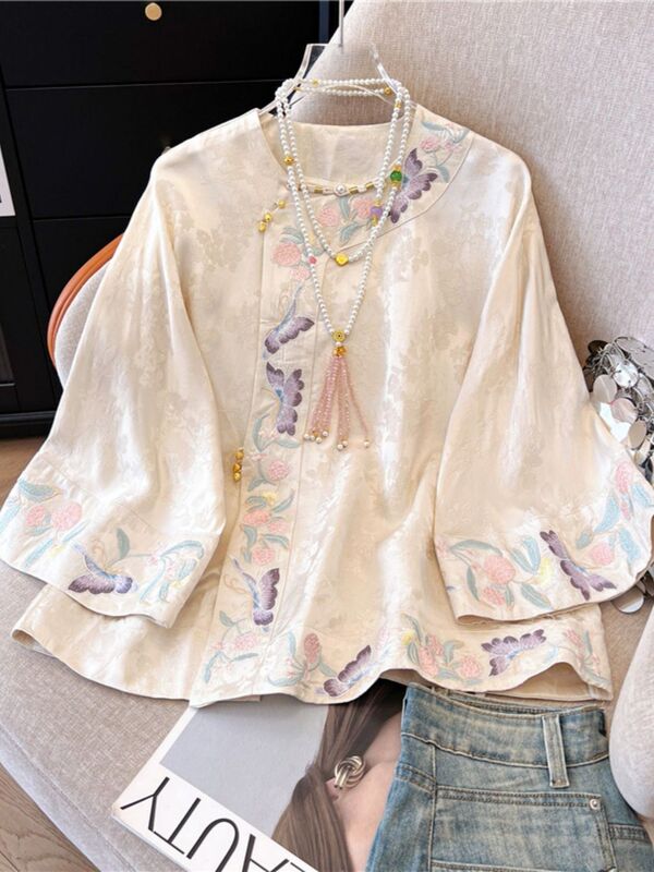 New Chinese-Style Button-Up Three-Quarter Sleeve Shirt for Women, Spring and Autumn, Plus Size, Slimming, New Product, National Style, Embroidered Tang Suit Top