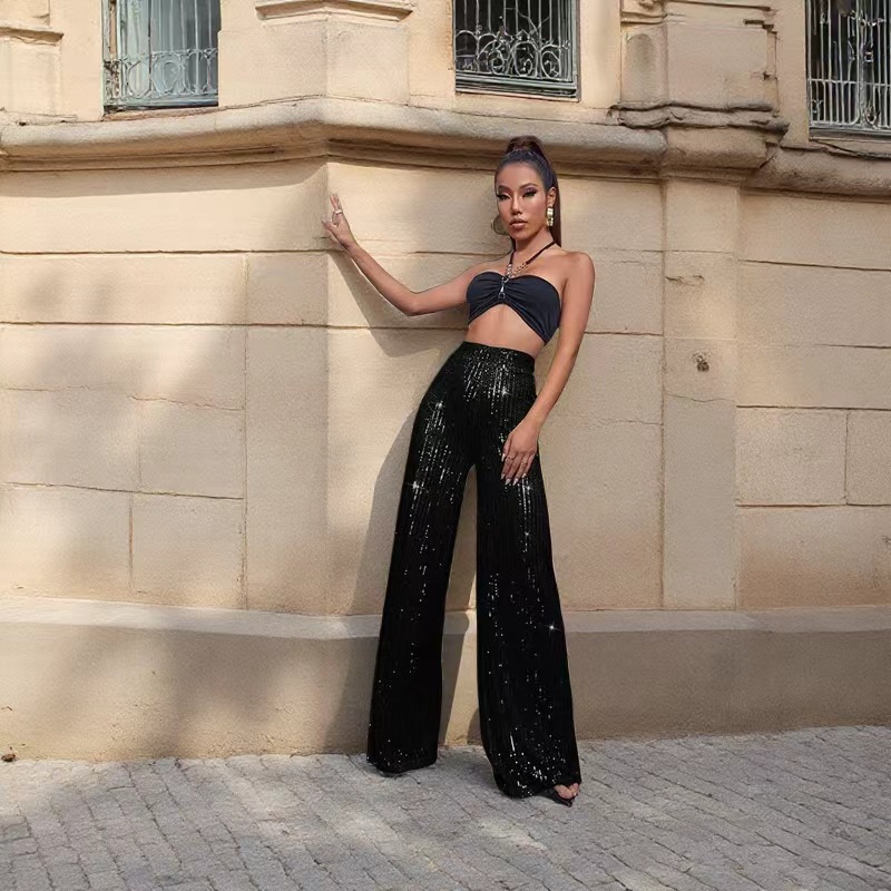 Cross-Border European and American Women's High-Waisted Sequin Wide-Leg Pants Fashion Drape Casual Pants Solid Color Elegant Long Pants in Stock