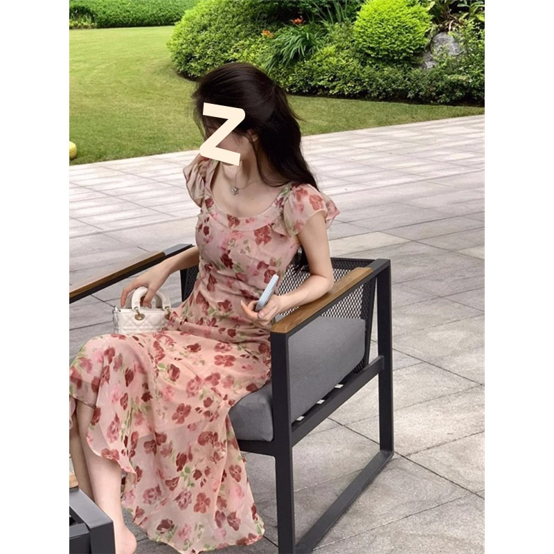 夏フレンチフレッシュスリムフィットドレス婦人服2025新しい気質海辺休暇花柄ロングスカート|undefined