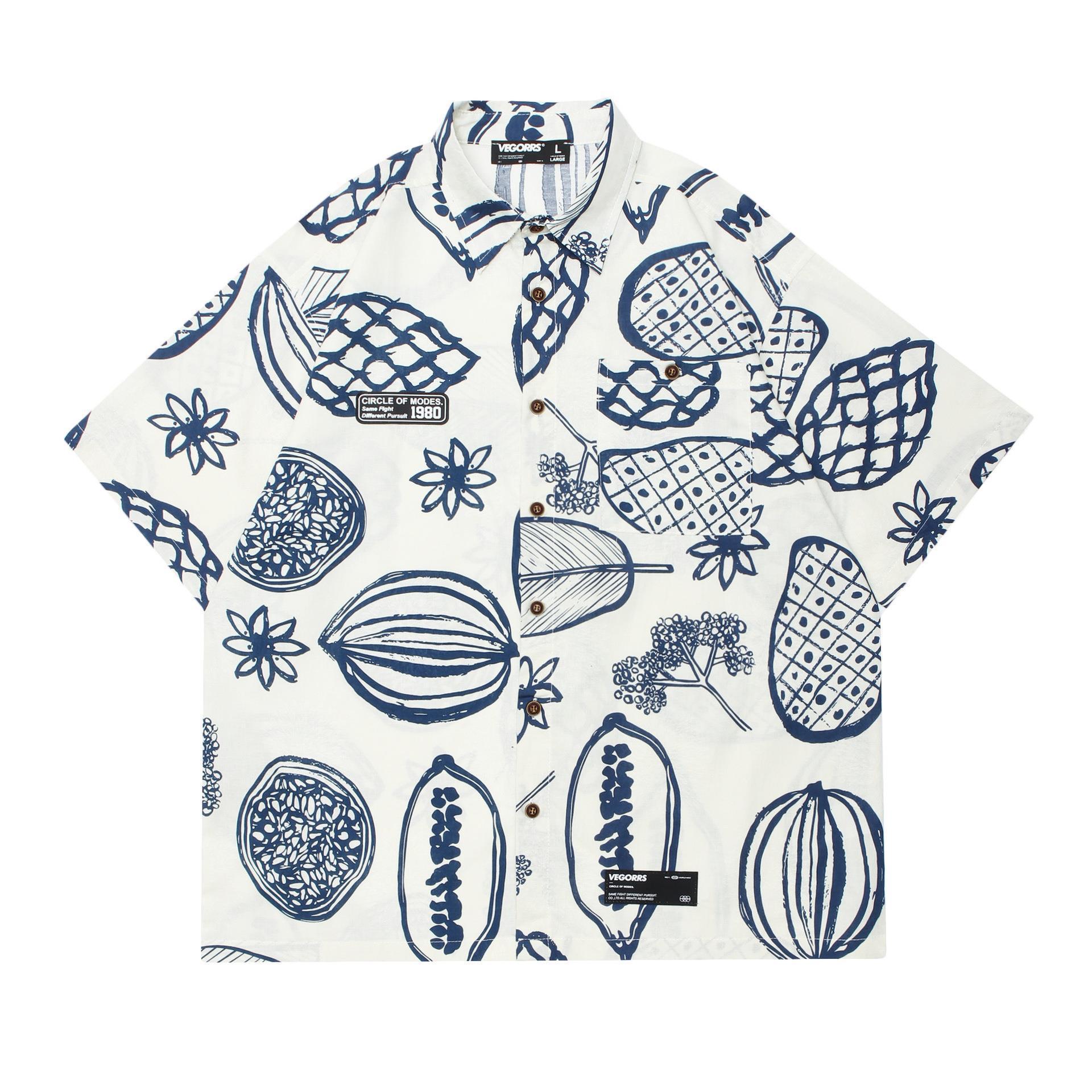 Hawaiian graffiti floral short-sleeved men's trendy summer loose-fitting American Cuban collar beach shirt