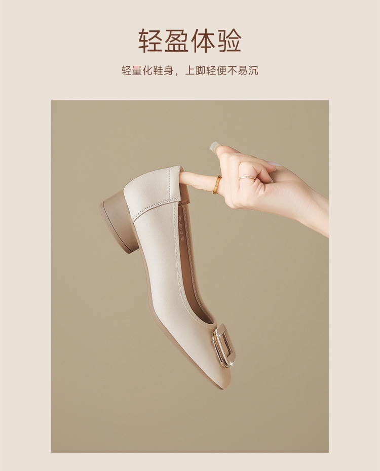 Giày cao gót nữ mũi nhọn gót vuông cổ điển, dáng lười một giầy — AH913 Màu be chi tiết 8