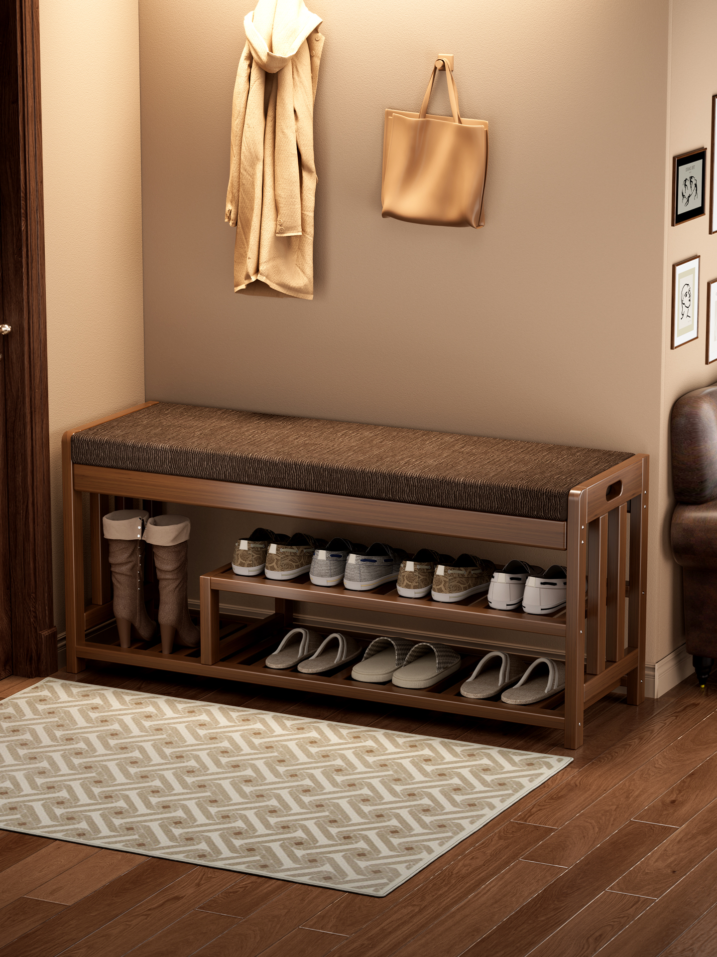 ♔ Vintage-Style Entryway Shoe-Changing Bench and Shoe Cabinet Combo for Home Use, with a Light Luxury Feel, Suitable for the Foyer, Featuring a Seat and Storage Shoe Rack