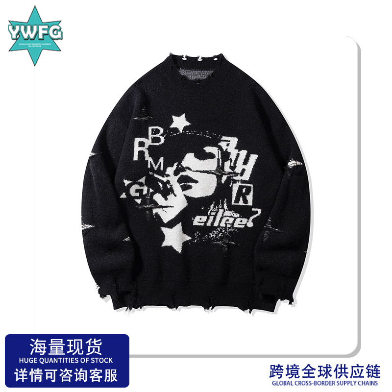 YWFG mujeres retro retro americano High Street 2024 Año Nuevo otoño pareja superior versátil cuello redondo manga larga suéter de punto image 1