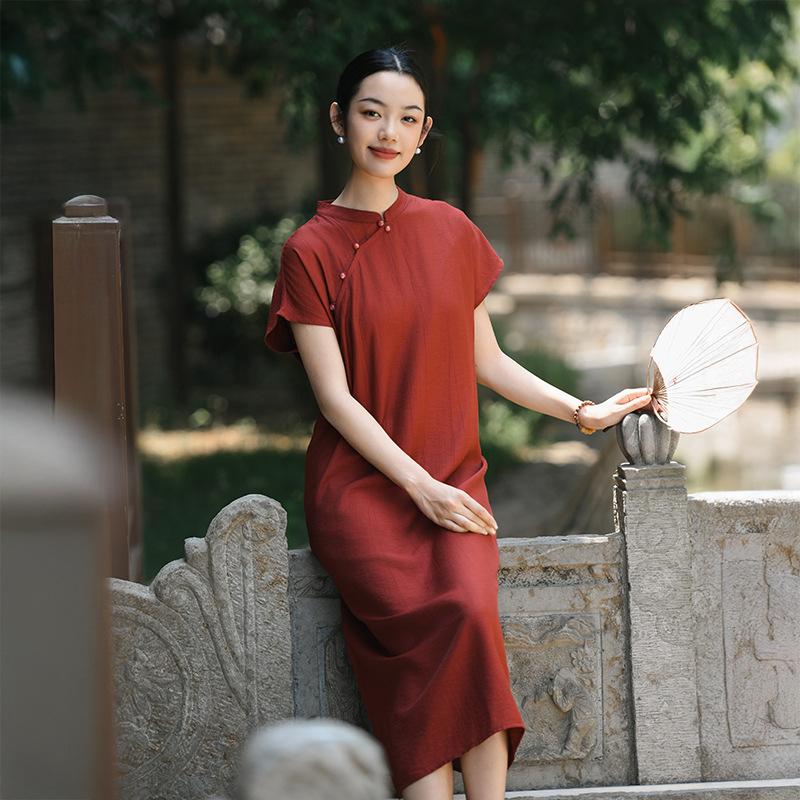 New Chinese Style Women's Clothing Summer New Improved Cheongsam Skirt Chinese Style High-End Short-Sleeved Linen Dress Wholesale