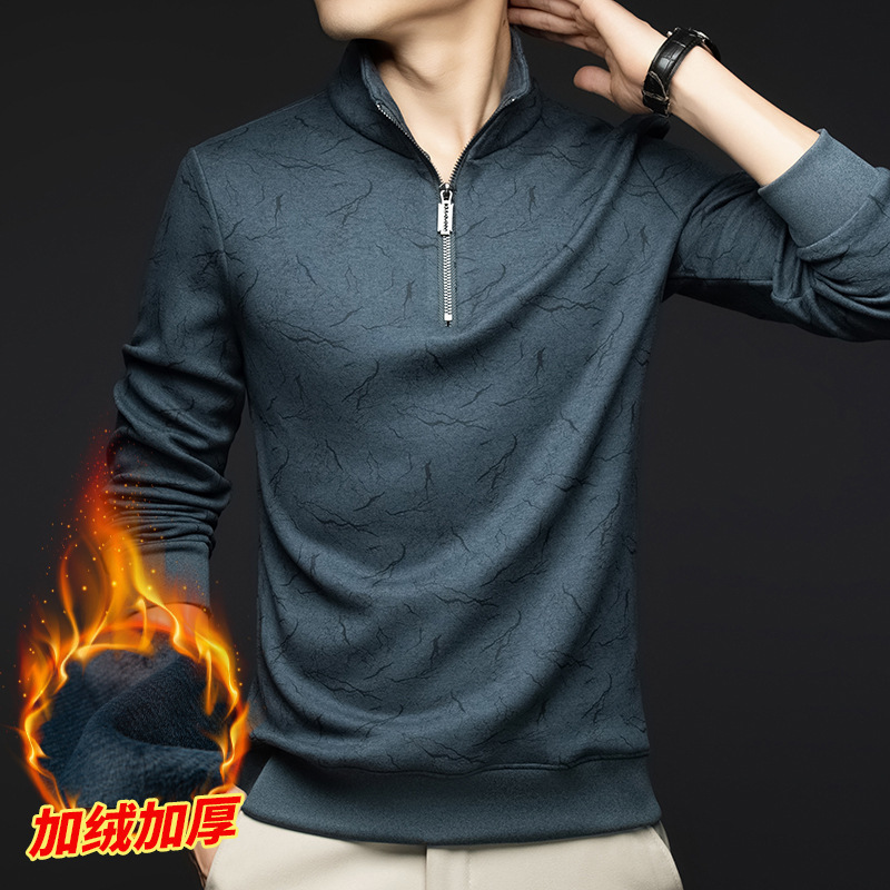 Autumn New Half-height Zipper Pullover Sweater Solid Color Collar Casual Sheep Wool Mulberry Silk fleece-lined Thickened T-shirt