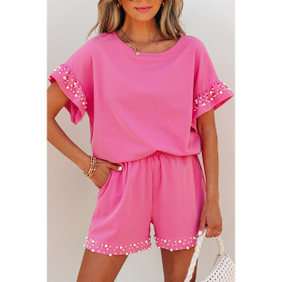 Summer New Solid Color Short-sleeved Shorts Two-piece Set for Women 2025 European and American Fashion Personality Beaded Casual suit Women