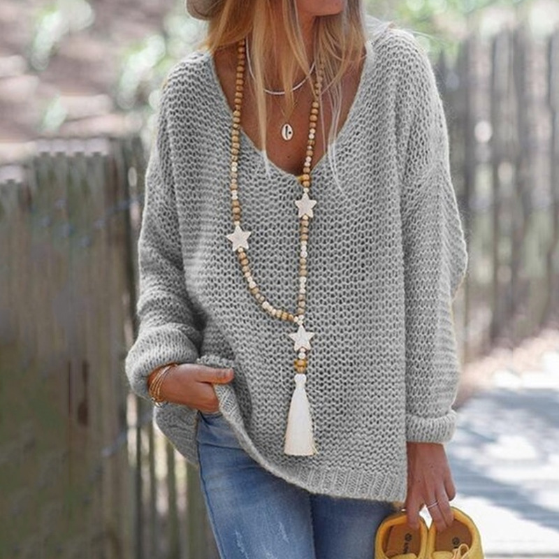 Damen-Strickpullover, V-Ausschnitt, langärmelig, Strickoberteil, Pullover_voghion.com