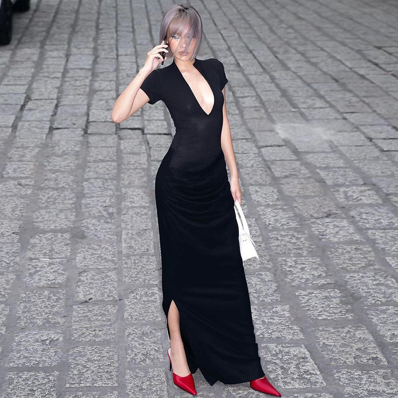 Frau Etuikleid Sexy V-Ausschnitt Falten Aushöhlen Kurzarm Einfarbig Maxi Langes Kleid Täglich display picture 7