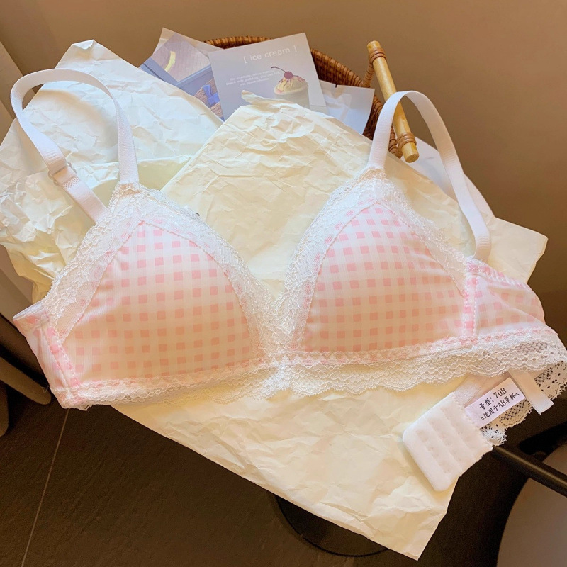 校园格子甜美蕾丝内衣女薄款透气小胸聚拢收副乳三角杯学生文胸罩|undefined