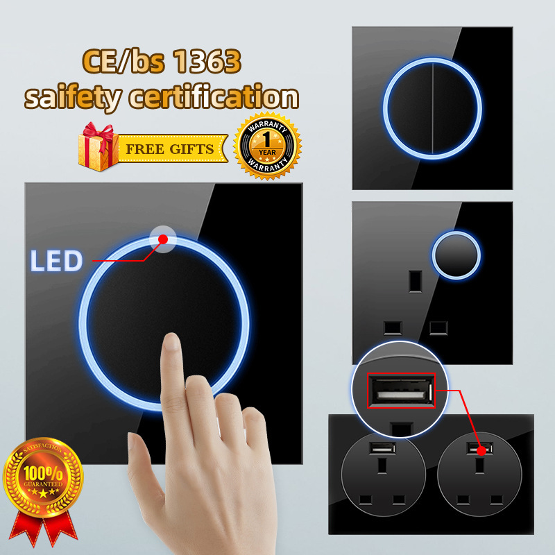 Wall socket universal 3-hole socket dimming light wall switch glass panel LED indicator G12 black Wall socket universal 3-hole socket dimming light wall switch glass panel LED indicator G12 black