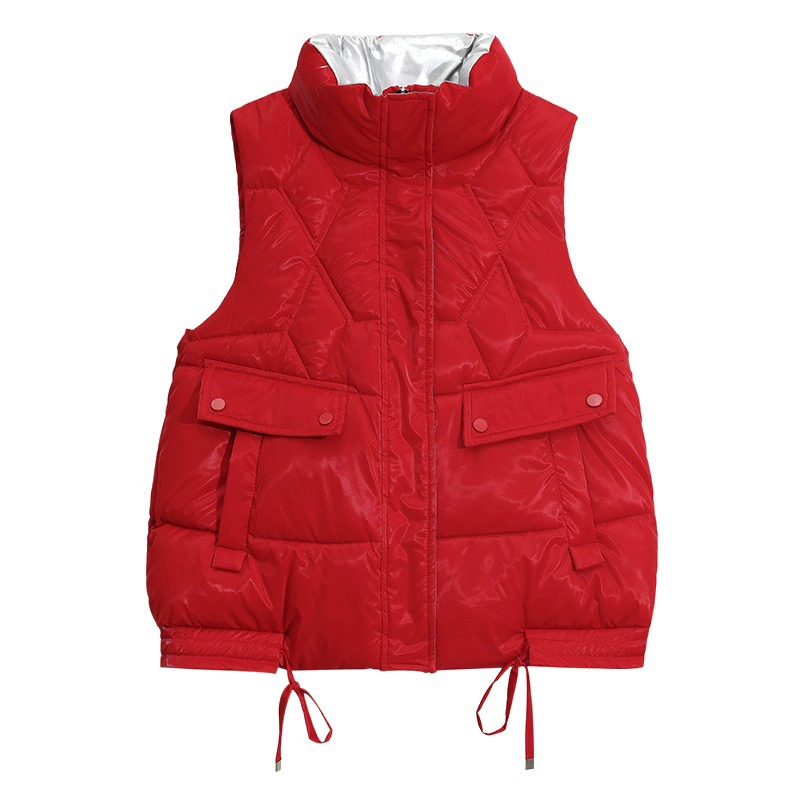 2023 осенне-зимний Новый глянцевый жилет с воротником-стойкой без воротника, женский короткий простой теплый хлопковый жилет