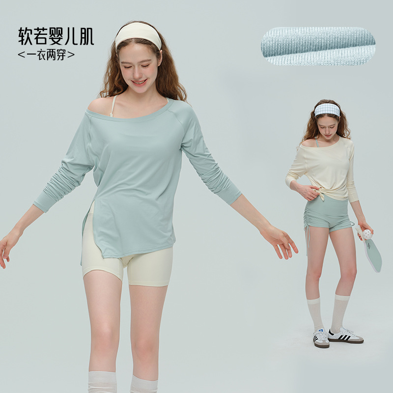 2026 Spring Yoga Wear for Women, One-Piece Two-Way Wear Off-Shoulder Fitness Clothing, Soft and Skin-Friendly, Breathable Irregular T-Shirt with Long Sleeves