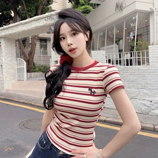 夏季新款甜美风正肩条纹撞色短袖T恤女修身舒适显瘦一体式带胸垫