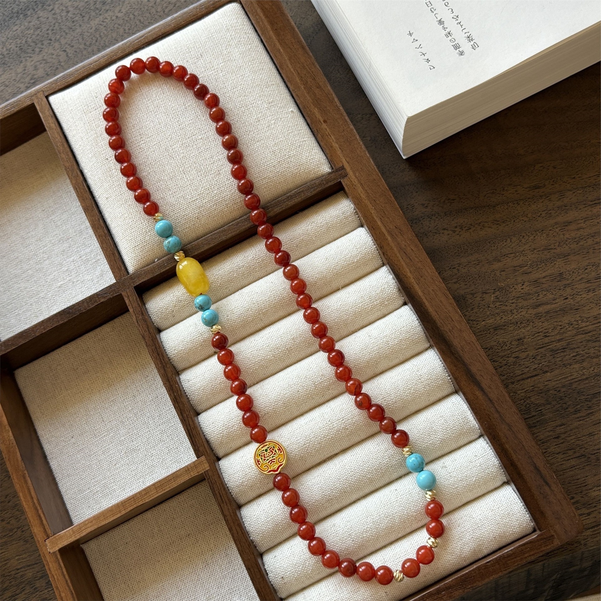 Original, handmade natural stone, new Chinese style beaded necklace with red agate and blue turquoise paired with a traditional Chinese style clavicle chain. Other gifts available.